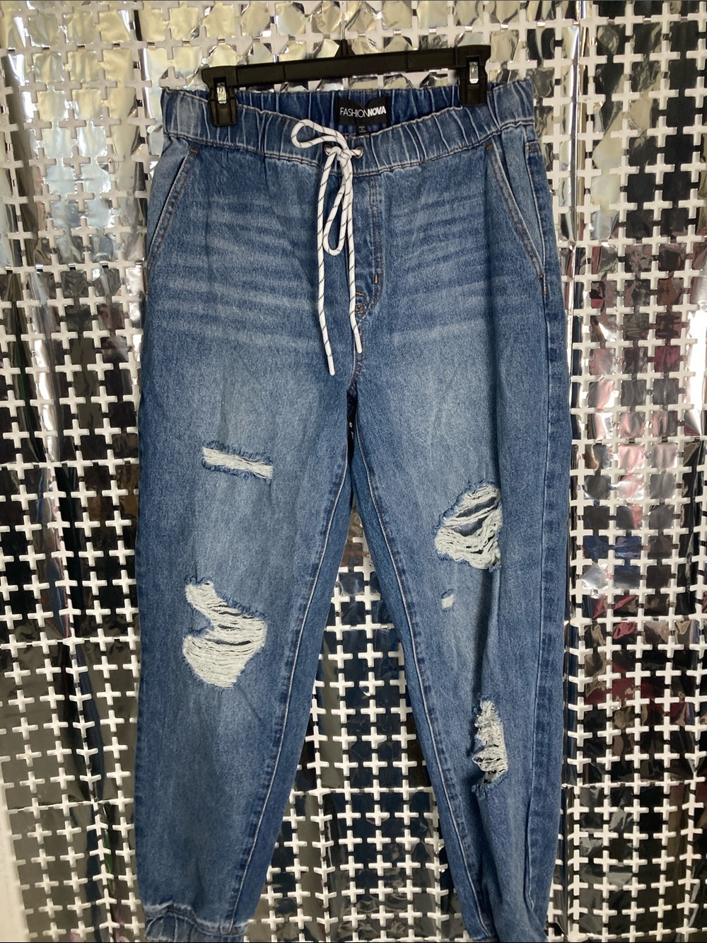 Fashion Nova Distressed Blue Denim Jogger Pants